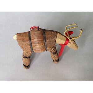 Vintage Handcrafted Wicker Straw & Wood Reindeer Figurine With Antlers